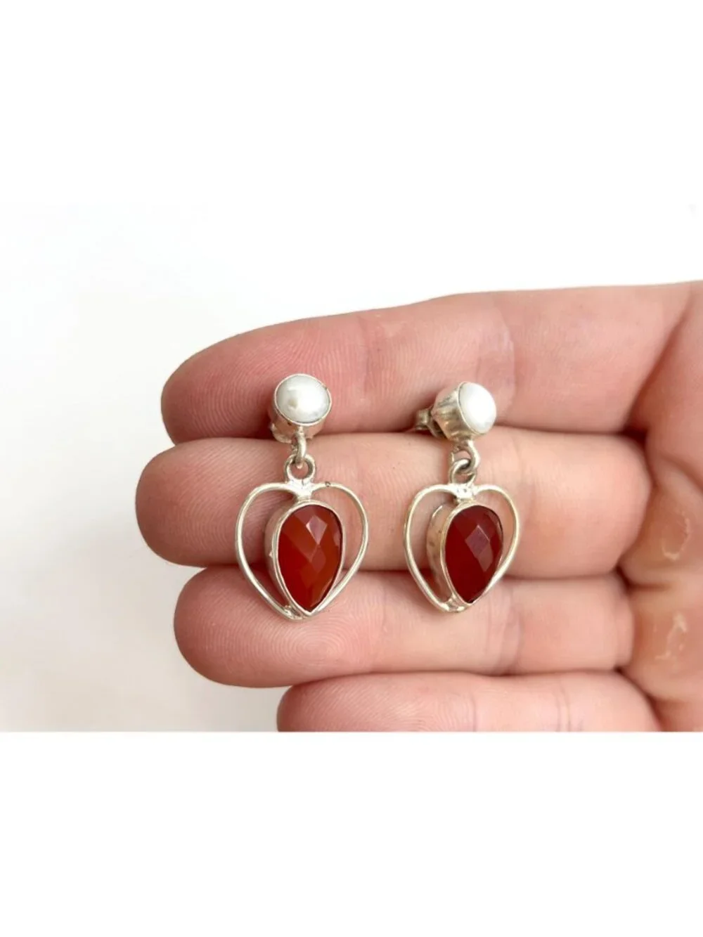Ruby Corondum & Cultured Pearl Heart Shaped Vintage Sterling Silver 925 Earrings